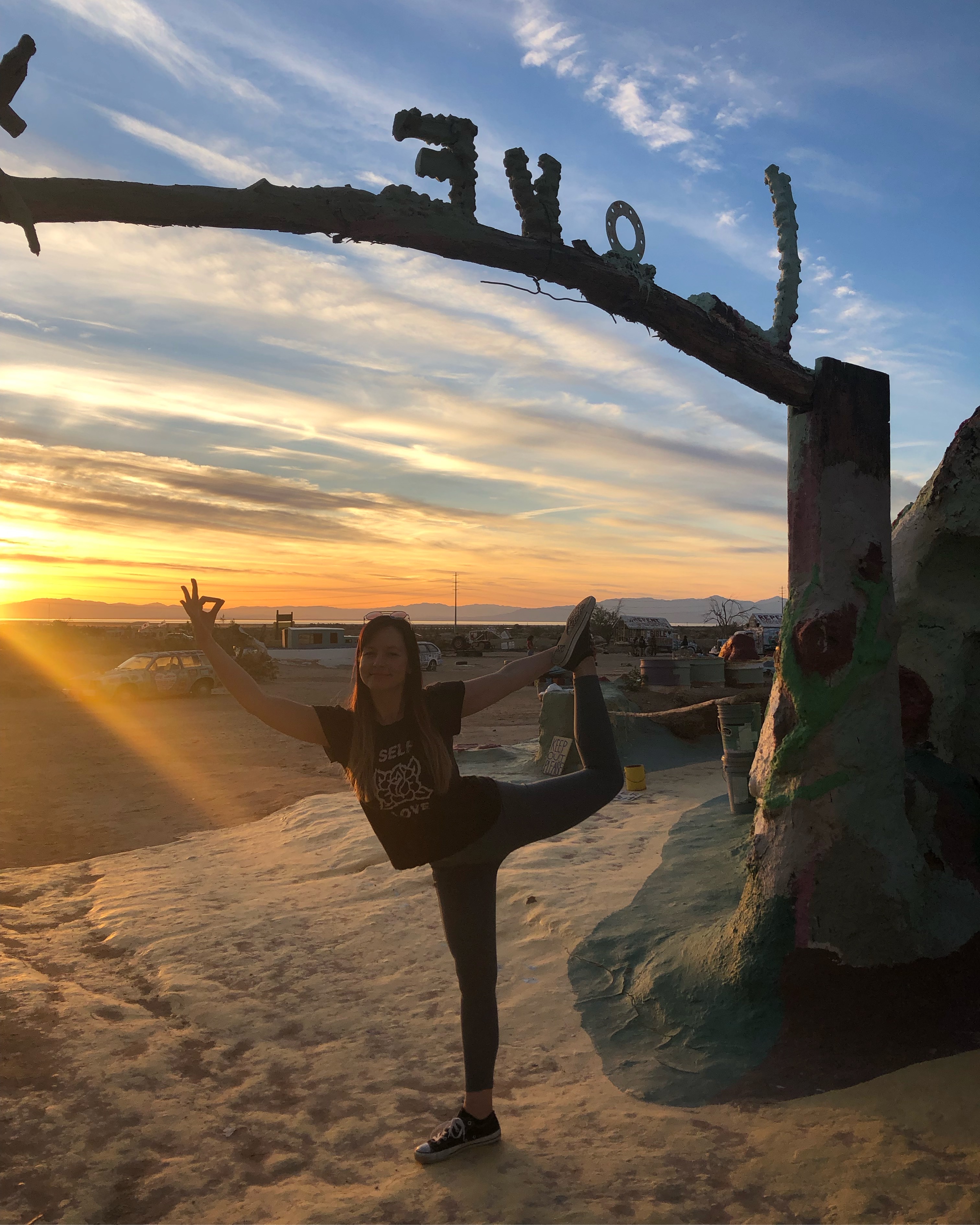 yogi posing in front of a sunset